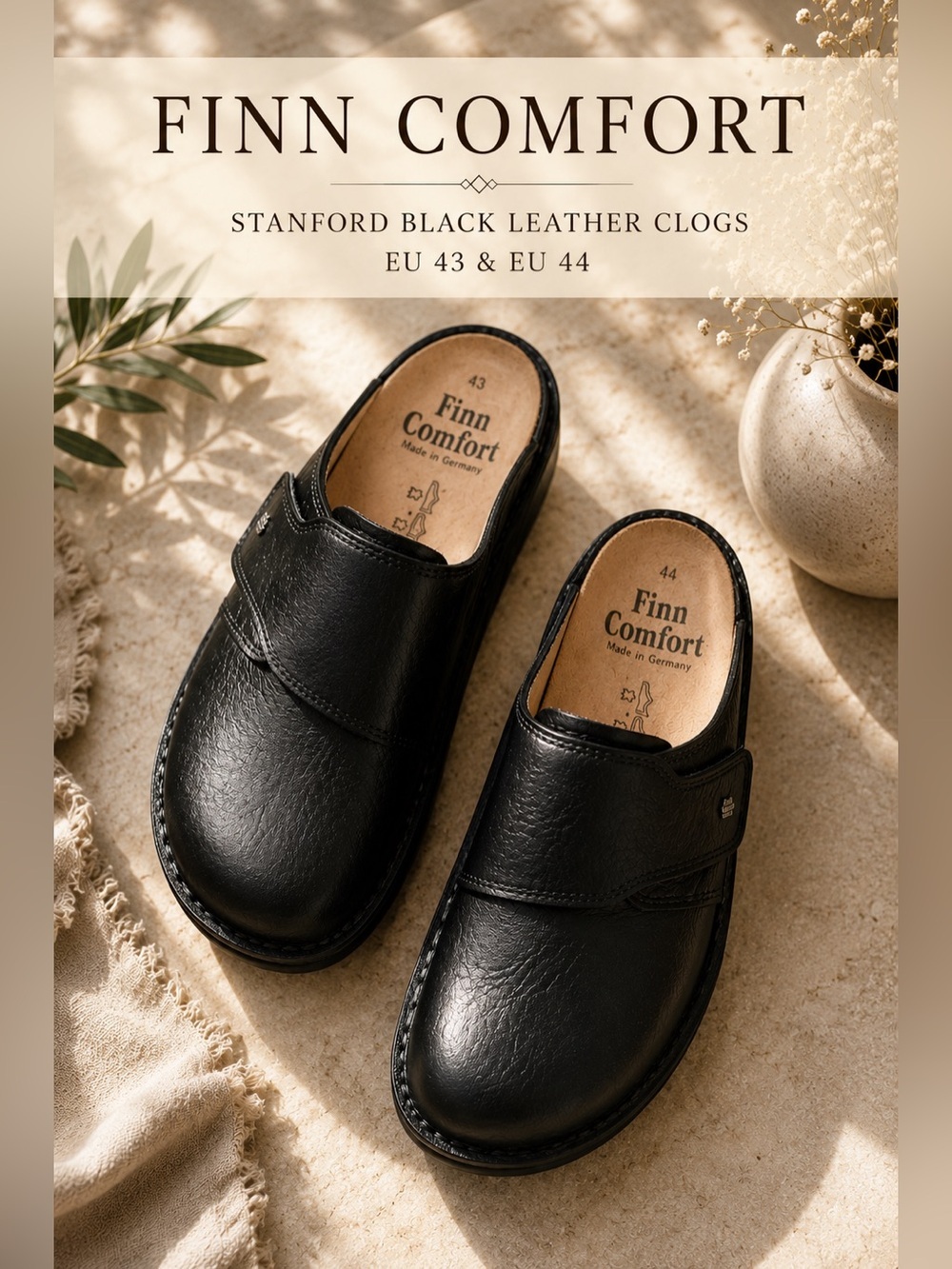 Finn Comfort Stanford Black Leather Comfort Clogs Mules EU 43 US Men’s 10-10.5